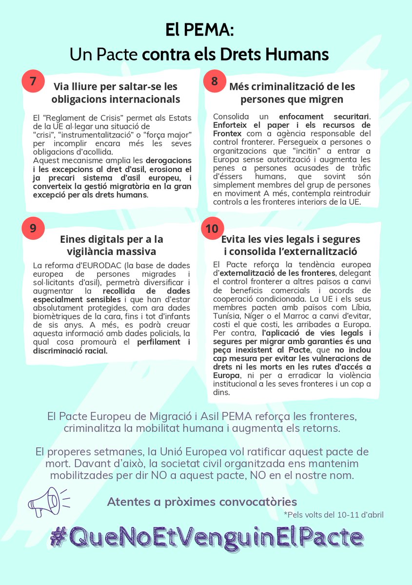 Què suposa la ratificació del #PEMA? Les entitats i moviments organitzats contra l'aprovació d'aquest pacte ho expliquem en aquest decàleg➡️bit.ly/4ayu0Lt Ens veiem aquesta tarda a la concentració! #QueNoEtVenguinElPacte 🕖19 h 📍Seu UE (pg. de Gràcia, 90)