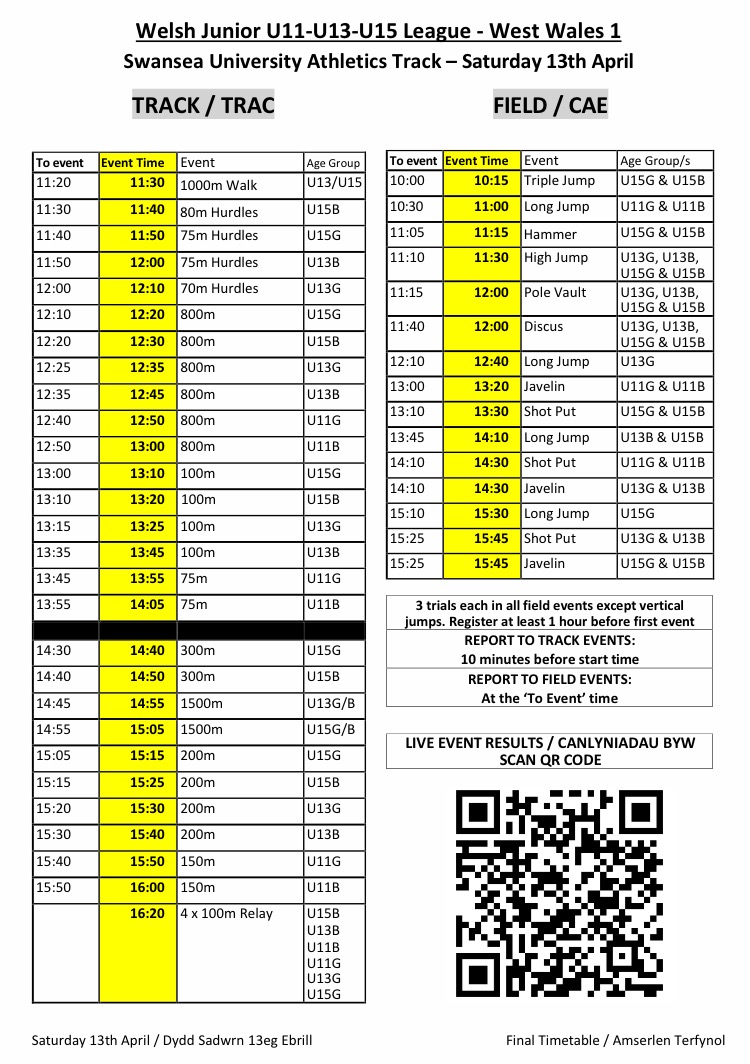 🏃 THIS WEEKEND / PENWYTHNOS YMA: Welsh U11-U13-U15 Junior League - West Wales 1 📆 Saturday 13th April / Dydd Sadwrn 13eg Ebrill 📍 Swansea University / Prifysgol Abertawe 🔗 Final Timetable & Information, entries are still open until 10am on Friday ➡️ data.opentrack.run/en-gb/x/2024/G…