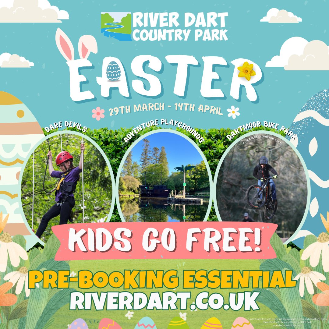 Hurry, just a few days left of KIDS GO FREE* 🤩Offer ends 14th April. 
PRE-BOOK 📷 LINK IN BIO  

@visitdevon <a href="/visitsouthdevon/">Visit South Devon</a> @visitdartmoor
#easter #easterholidays #devon #dartmoor #riverdartcountrypark #dartmoorbikepark