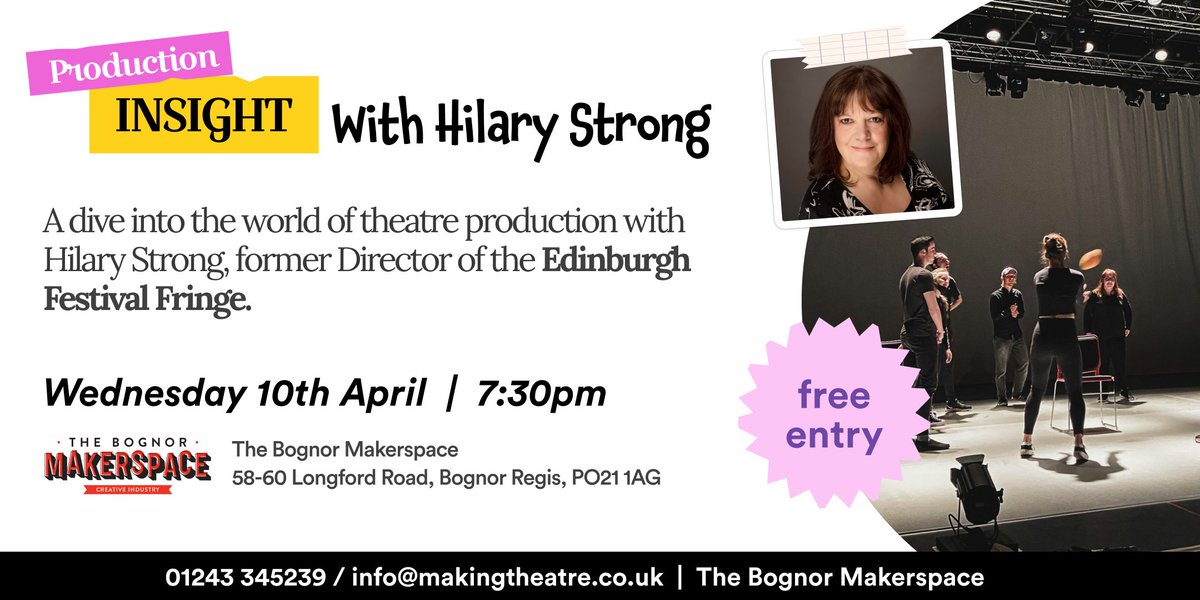 Last chance to book tickets (not that you need to, just come along) for our Q&amp;A evening with <a href="/HilaryStrong11/">Hilary Strong</a> this evening at the <a href="/bognor_make/">The Bognor Makerspace CIC</a>.  
t.ly/g_nSk - Entry is free! Bar will be open. 🍹🍻 
#theatre #learn #bognor #chichester #edfringe