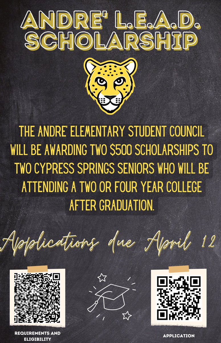 cyspringsccs's tweet image. Andre Elementary Scholarship ends on April 12th. Apply Now!