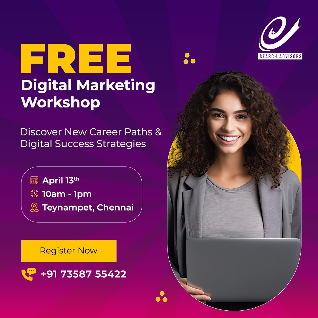 Dive into a transformative journey with our Free Digital Marketing Workshop! 

📞Call: 073587 55422
  
#Esearchadvisors #digitalmarketinginstituteinchennai #digitalmarketingworkshop  #freeworkshop