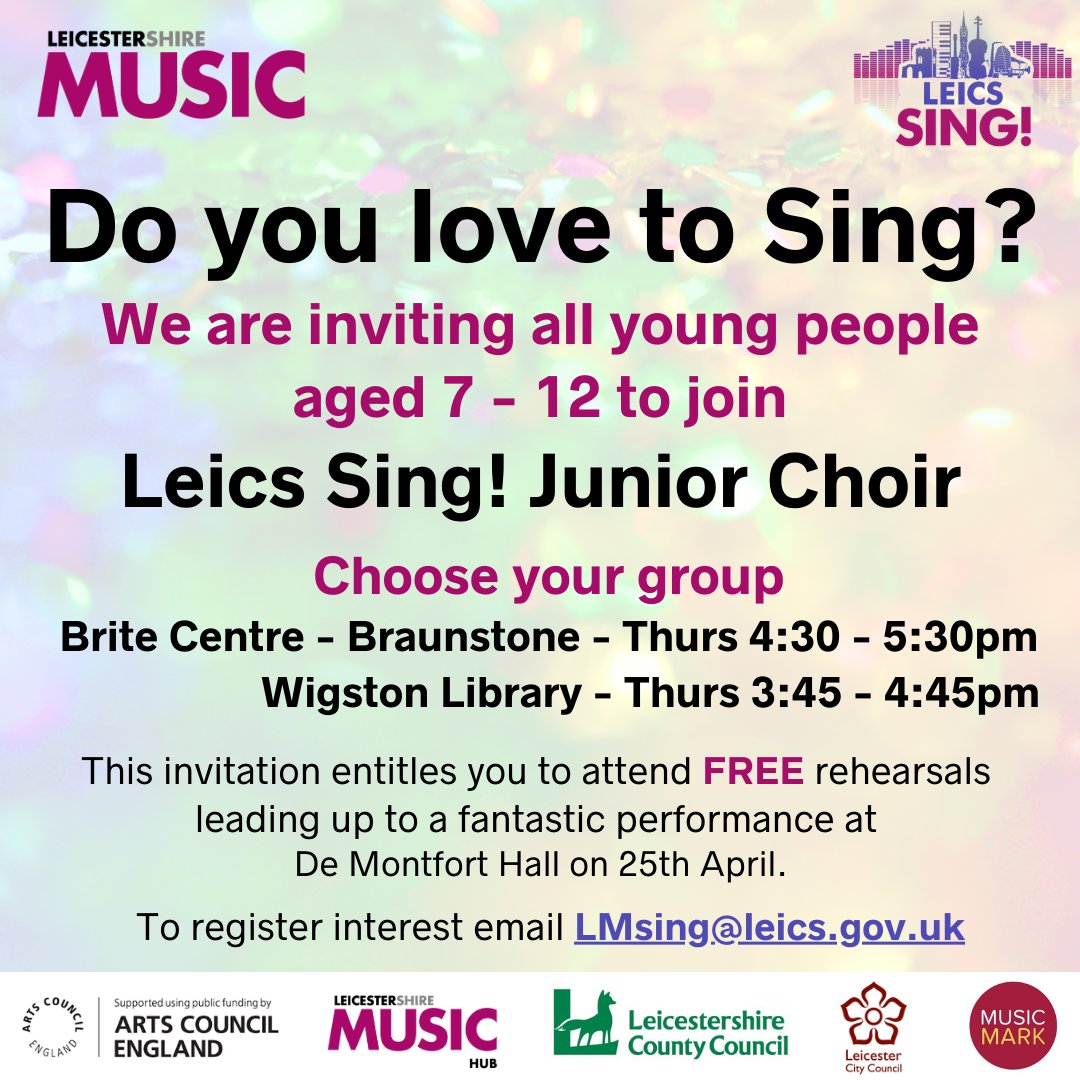 We're inviting all YP aged 7-12 to join our Junior Choirs for FREE rehearsals leading up to an amazing @demontforthall performance on 25th April - email LMsing@leics.gov.uk to join in! please share! #leicsmakemusic