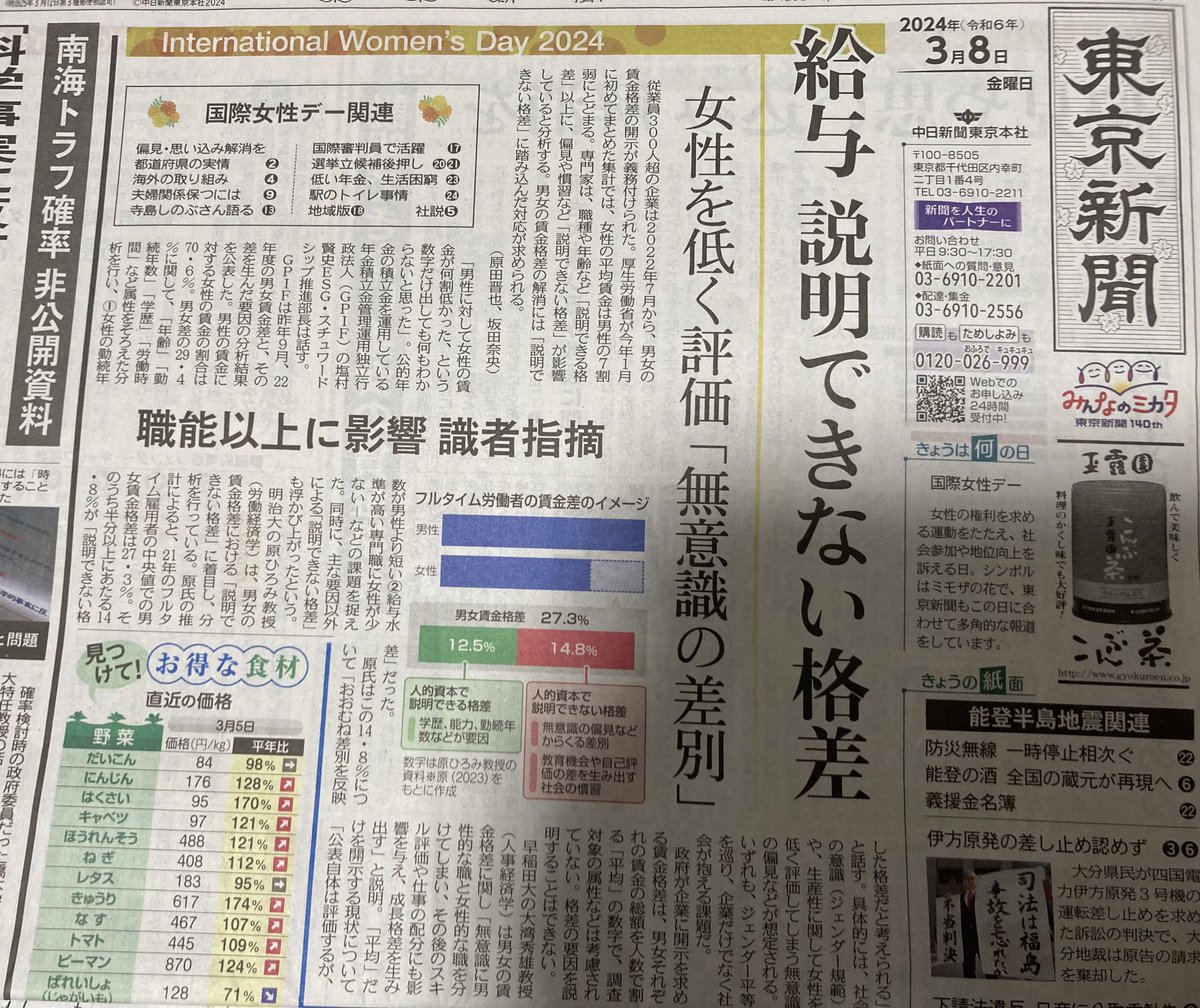 도쿄신문 여성의날 1면 찍어 놨는데… 남녀 임금차는 논리적으로 설명이 안 되고 무의식적으로 여성을 저평가하기 때문이라는 분석