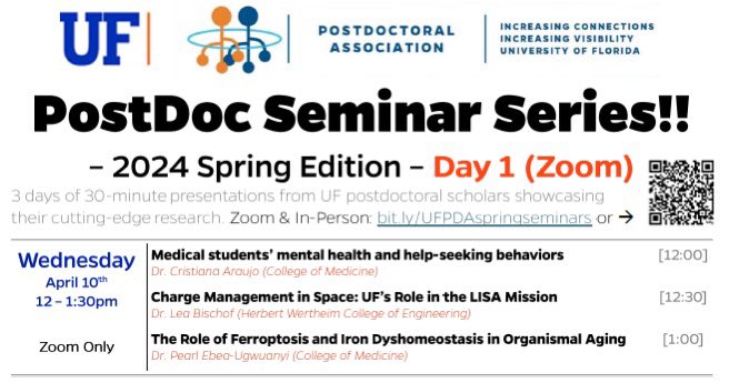 Today is the start of our Postdoc seminar series! Come watch our first three speakers from 12-1.30pm (zoom link: bit.ly/UFPDAspringsem…)! <a href="/UF/">FLORIDA</a> #postdoc
