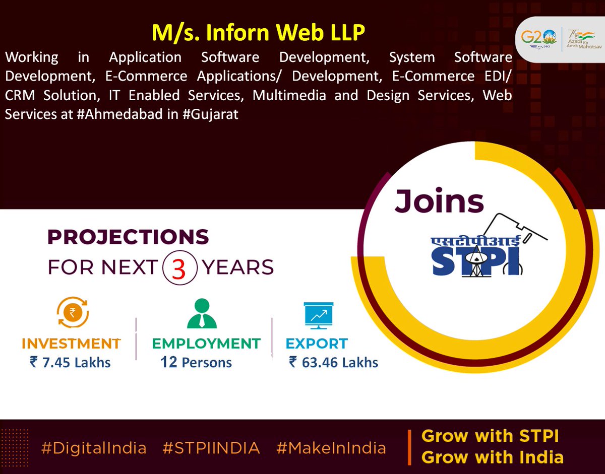 Welcome M/s. Inforn Web LLP Looking forward to a successful journey ahead. #GrowWithSTPI #DigitalIndia #STPIINDIA #StartupIndia @AshwiniVaishnaw @Rajeev_GoI @arvindtw