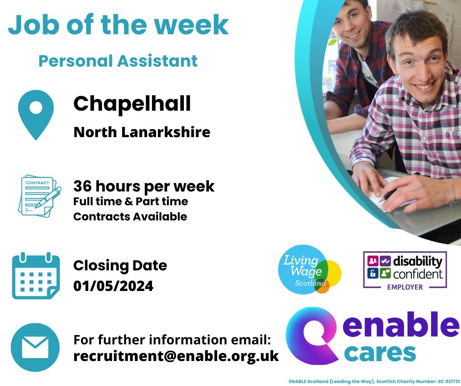 📢JOB OF THE WEEK📢 Personal Assistant, Chapelhall As more people turn to Enable for vital support, we are looking to recruit Personal Assistants across Scotland to join us in supporting them to live the lives they choose. Click the link to Apply Now! enable.org.uk/jobs/vacancies…