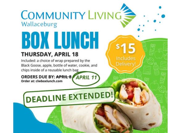 ORDER DEADLINE EXTENDED for the Community Living Wallaceburg Box Lunch Fundraiser. Order by April 11th!
Lunches will be delivered Thursday, April 18th between 10am and 12:30pm.
Place your order at: clwboxlunch.com 
#YourTVCK #TrulyLocal #CKont #Wallaceburg