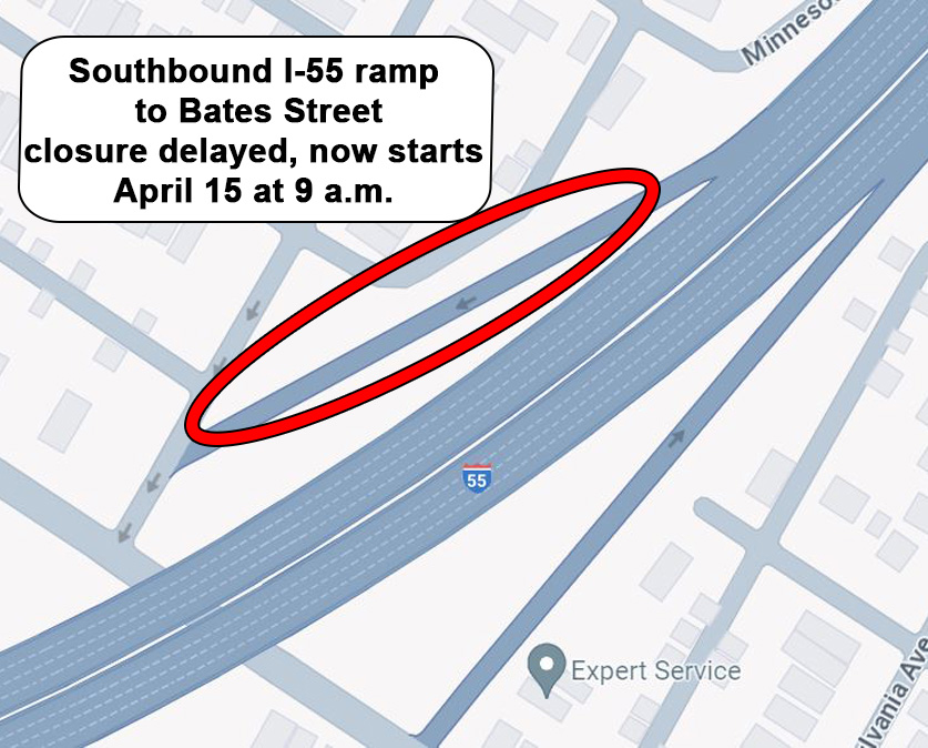 Due to anticipated weather, this week-long ramp closure from southbound I-55 to Bates (Exit 203) has been delayed until Monday, April 15.