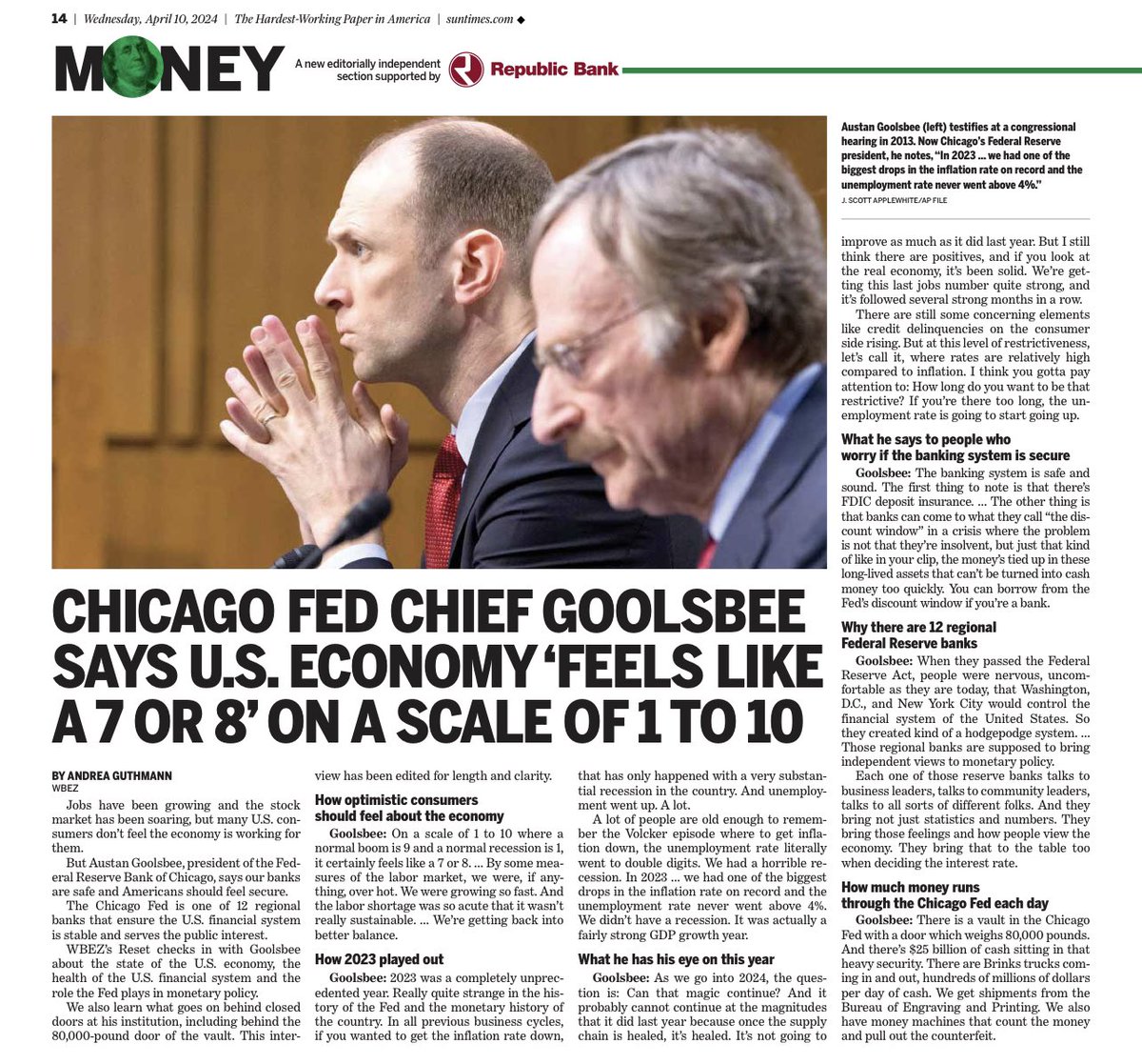 Nice @WBEZ interview with @ChicagoFed President @Austan_Goolsbee discussing what he’s watching w the economy in 2024 and how there’s $25B in cash sitting in the Fed vault on LaSalle St on any given day for eventual circulation!