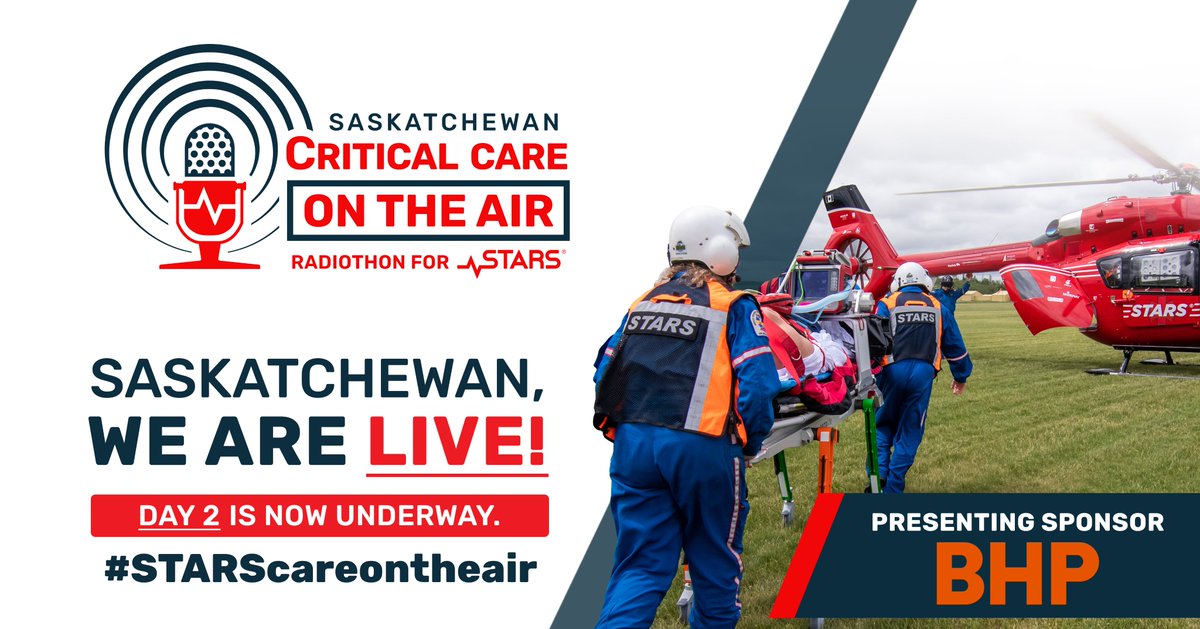 STARSambulance's tweet photo. Saskatchewan, day 2 is underway! Tune-in to over 40 radio stations from 6 AM-6 PM & help us raise money for STARS operations in Saskatchewan! 

▪️To donate, call 1-877-507-8277 or visit https://t.co/4zReYzBQNh 
▪️Tag us online and use #STARScareontheair (@SKBlueCross is donating $100 every time you use the hashtag #STARScareontheair up to $10,000.)

Thank you to our presenting sponsor of the day, @bhp!