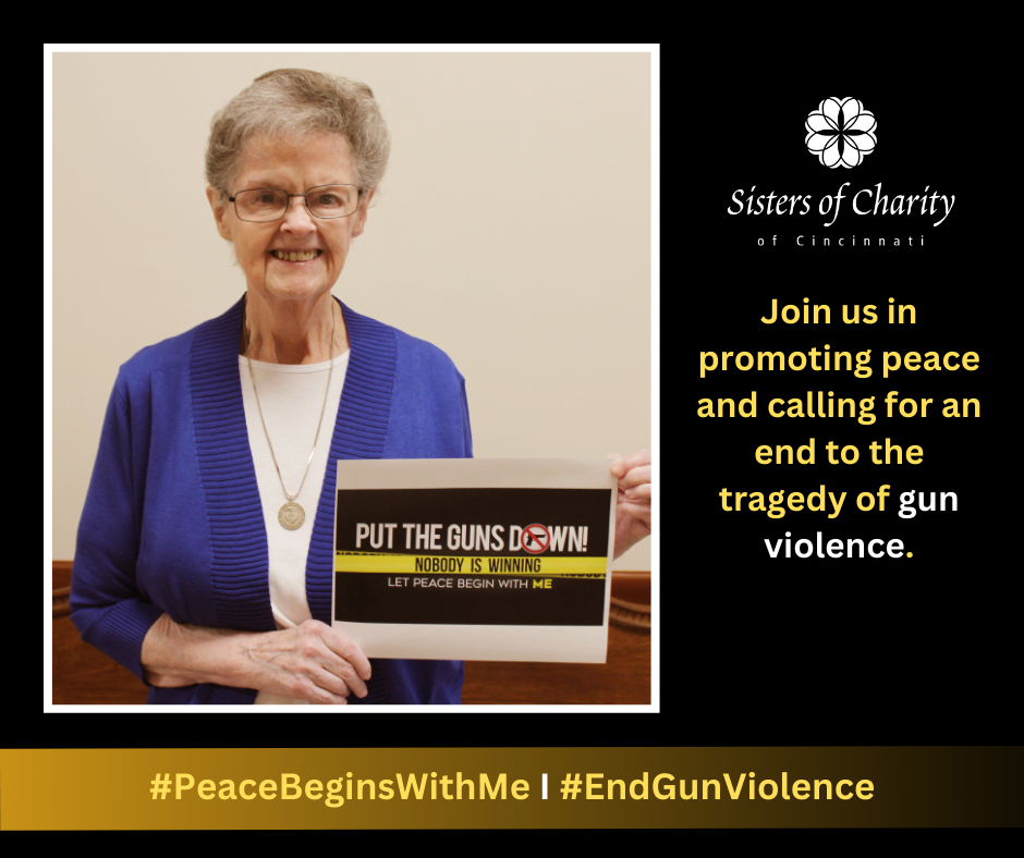 The @srcharitycinti are sponsoring a billboard message: “Put the Guns Down! Nobody is Winning. Let Peace Begin with Me.” Join us in support of this important message. Templates can be found at srcharitycinti.org/.../scj.../jpi….  #PeaceBeginsWithMe #EndGunViolence