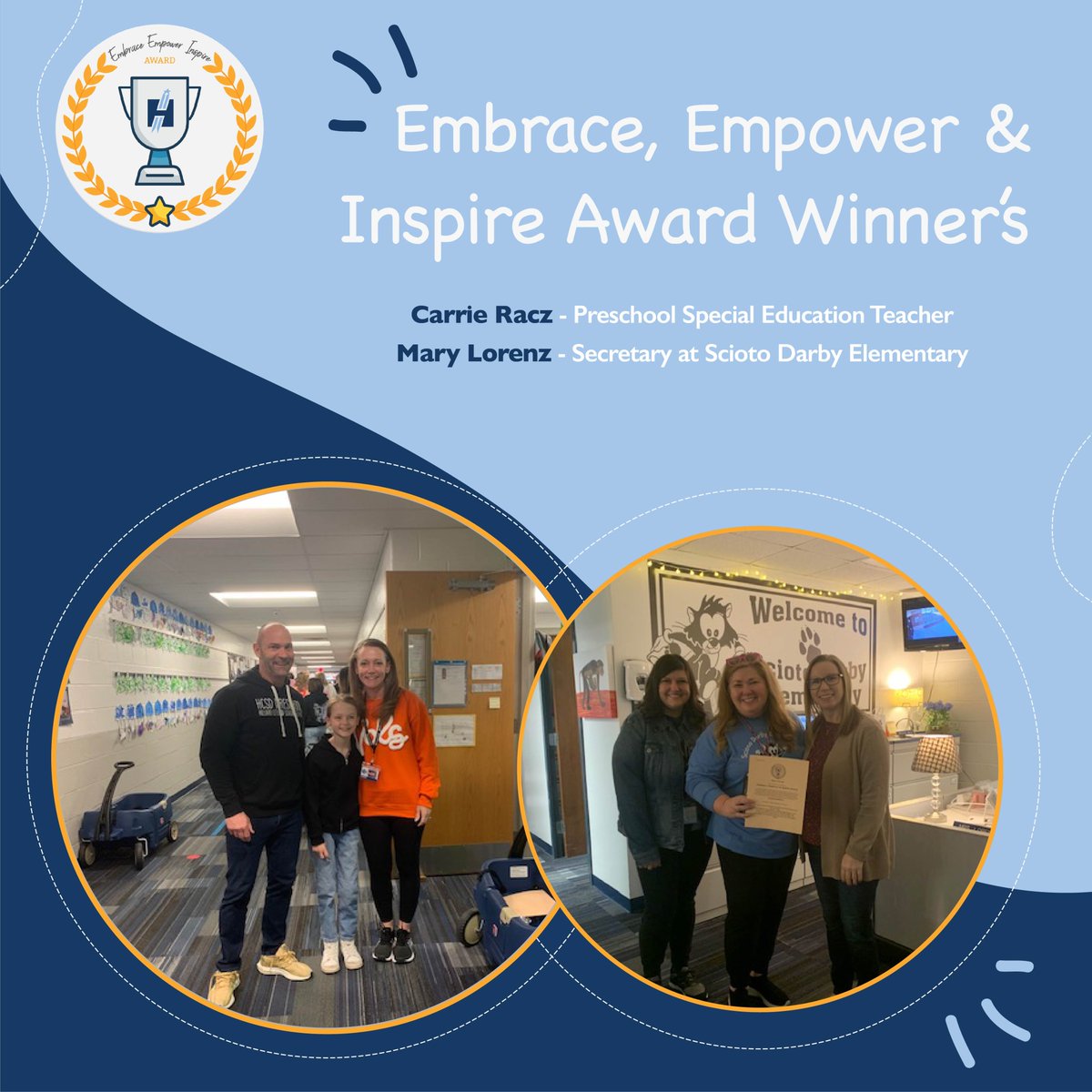 Congrats to these Embrace, Empower & Inspire Award winners, Carrie Racz and Mary Lorenz! If you know a staff member who goes above and beyond, you can nominate them for next month’s award by clicking the link below: docs.google.com/forms/d/e/1FAI……