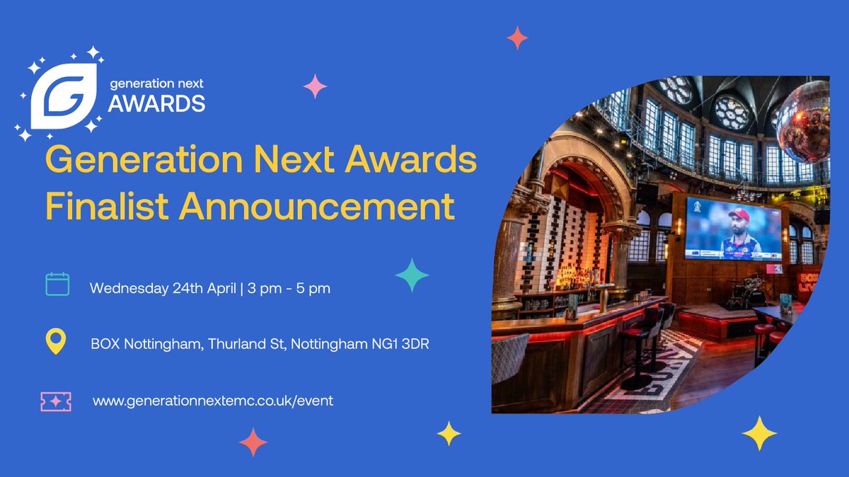 As we prepare to unveil this year's finalists, we invite you to join us for the Generation Next Awards Finalist Announcement on Wednesday, 24 April at @theboxbaruk, Nottingham. 🥂🏆Be sure to book your tickets now to celebrate with us. 👉 Book now >>> tinyurl.com/4ze68x8j