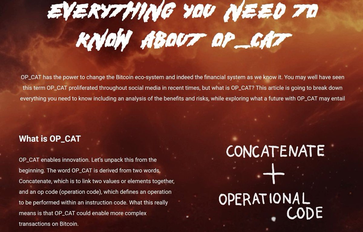 Everything you need to know about OP_CAT! 🐈 OP_CAT has the power to change the #Bitcoin eco-system and indeed the financial system as we know it. You may well have seen this term OP_CAT proliferated throughout social media in recent times, but what is OP_CAT? Join our Tg to…