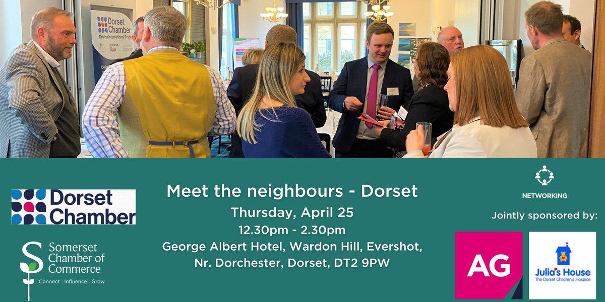 Additional spaces added! Somerset Chamber of Commerce and @DorsetChamber invite you to our annual meet the neighbours lunch on April 25 at The George Albert Hotel. Jointly sponsored by @AG_LLP @Julias_House Book your place today! somerset-chamber.co.uk/events/view/me…