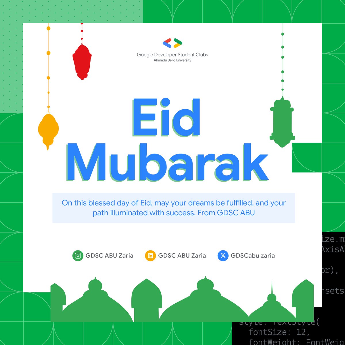 gdg_abu's tweet image. Eid Mubarak! ✨
As we mark the end of the Ramadan season, may all of our prayers be met with answers. May your celebrations be filled with laughter, delicious food, and heartfelt blessings.
#googledeveloperstudentclub #gdscabu #EidMubarak  #HappyEidAlFitr