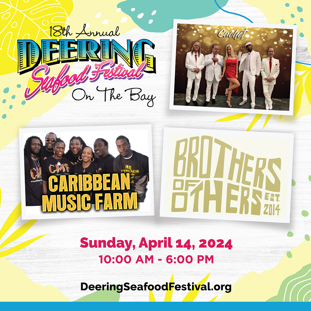 Get ready to groove to performances by Cachet Band, Caribbean Music Farm & Brothers of Others at the Deering Seafood Festival on Sunday, 4/14! 🎶 Don't miss the opportunity to dance to some of your favorite tunes. 🕺 Get your tickets online: deeringestate.org/events/deering…