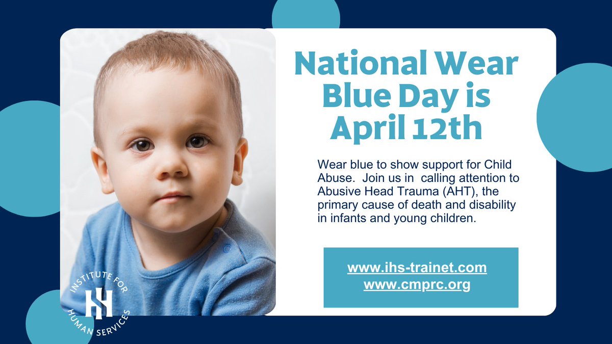 Please wear blue on April 12th for Child Abuse Prevention Month and we would like to call your attention to one of the most dangerous forms of child abuse - Abusive Head Trauma. 

Learn more:  cmprc.org/abusive-head-t…  

#AbusiveHeadTrauma #ChildAbusePrevention #ThrivingFamilies