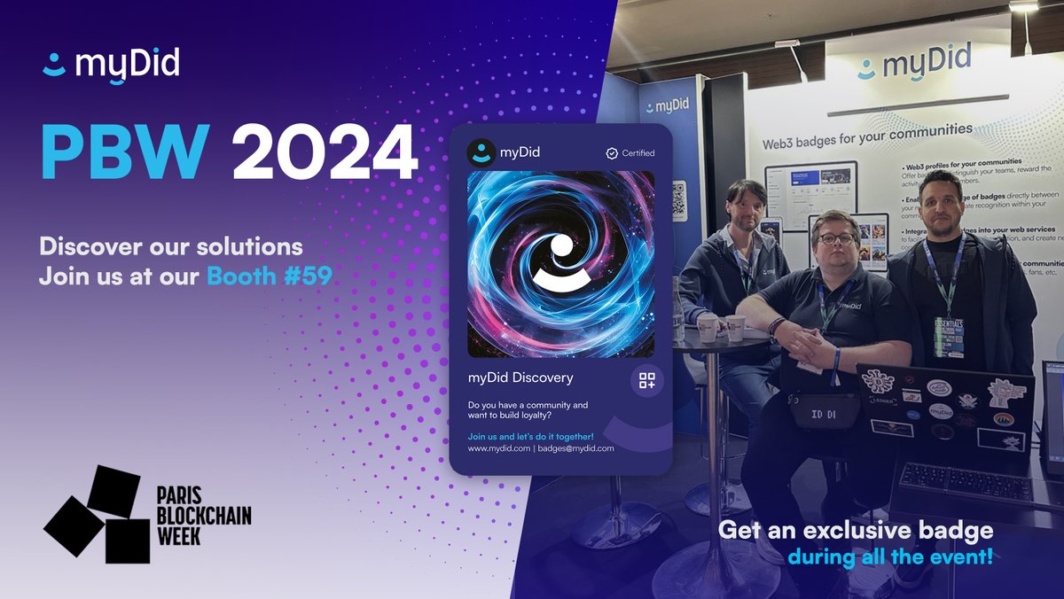 myDid_En's tweet image. Second day at Paris Blockchain Week 2024! Swing by booth #59 where our team is excited to share and introduce you to the latest myDid solutions. Meet us to receive an event participation badge for PBW and an exclusive myDid badge! #PBW2024 #myDid #BlockchainTech @ParisBlockWeek