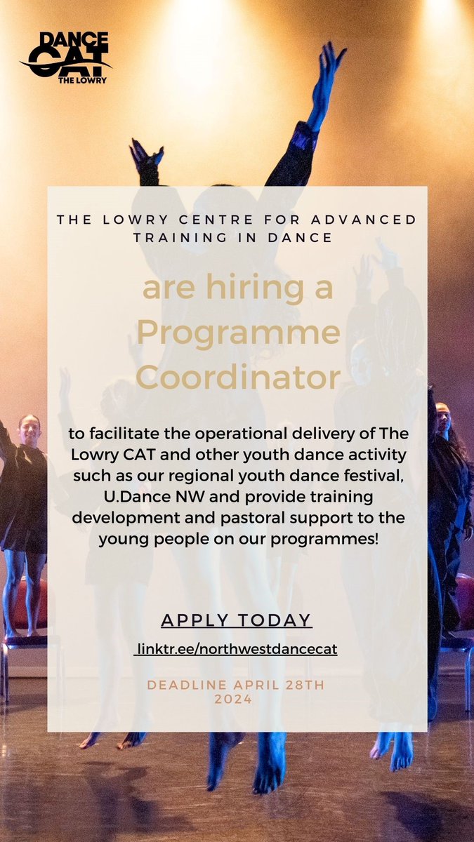 Fab opportunity to join @TheLowryCAT_NW as a Programme Coordinator. You should have understanding of good practice in dance education, training, the youth dance sector & the nurturing of young creative artists. Deadline: April 28th 2024 More info at: thelowry.peoplehr.net/Pages/JobBoard…