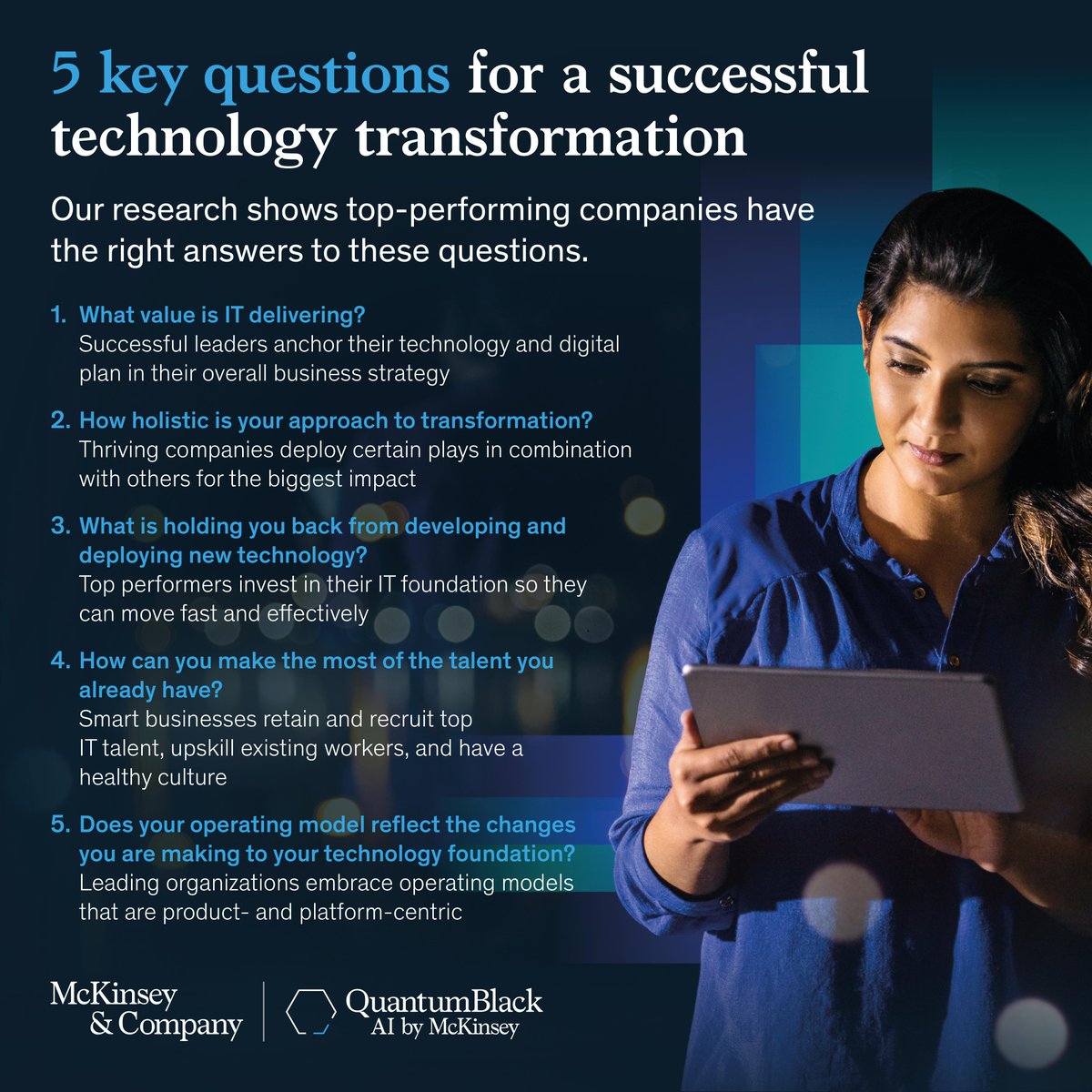 How do the most financially successful organizations approach transformation? They are more likely to base their tech transformations on strategic business priorities, invest in foundational technologies, and retain tech talent. mck.co/3JbnAWL #NeverJustTech