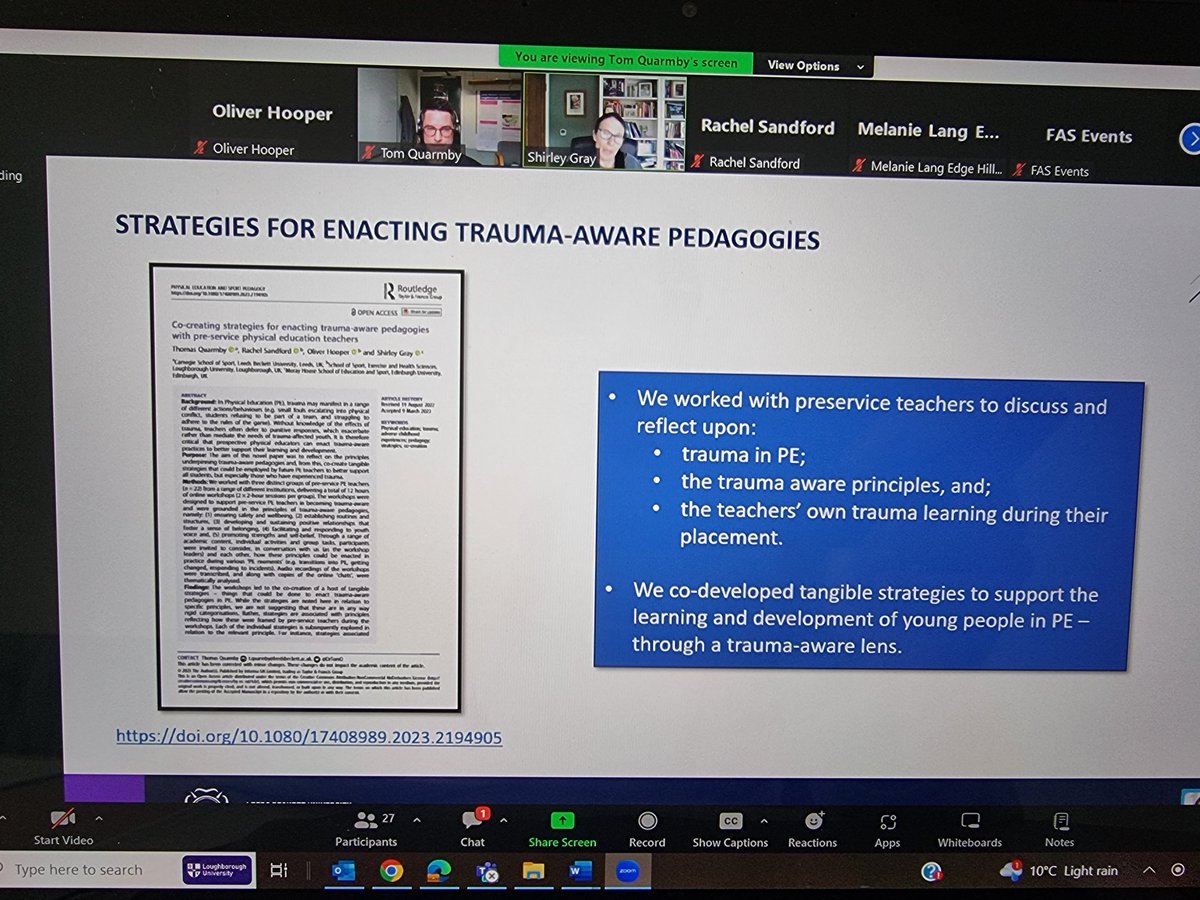 Great to deliver a webinar on trauma-aware approaches within youth sport coaching today with @DrTomQ, @DrRASandford & @shirley_MHSE for the Centre for Child Protection and Safeguarding in Sport @edgehill ⛹️🏿🏊🤸🏽‍♀️🤾🏻🤺 Thanks for the invite @DrMelLang!