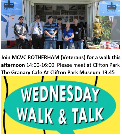 #WednesdayWellness for all Veterans, friends and family.

Join @RotherhamMCVC for a walk this afternoon 2pm, please meet at the The Granary Cafe At @CliftonParkMus
1.45pm

#walkingforhealth #PeerSupport #livedexperience #walk #veteranssupportingveterans #yourenotalone #youmatter