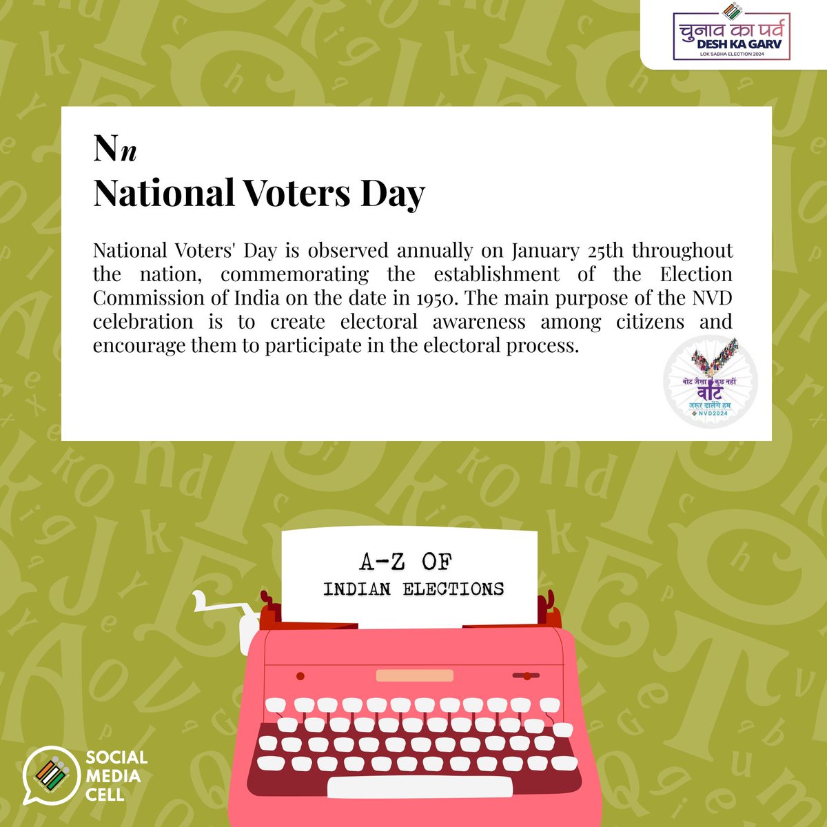 Let's explore 💫 the #vocabulary of #IndianElections One letter at a time 📘😊 N for #NationalVotersDay #ElectionGlossary #wordplay #Elections2024 #IVote4Sure #ChunavKaParv #DeshKaGarv @ECISVEEP @ceochandigarh @ceoharyana @hpelection @TheCEOPunjab @PIB_Jalandhar @deokinnaur
