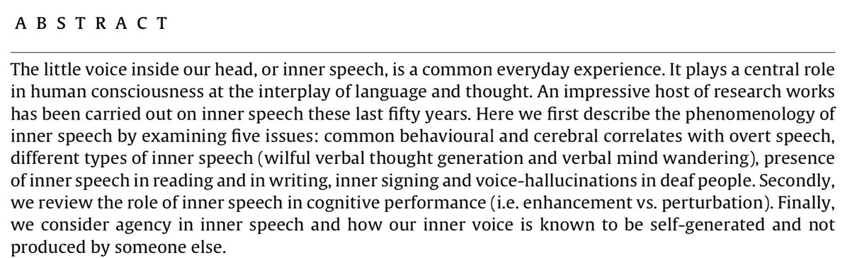 >what is that little voice inside my head? inner speech phenomenology, its role in cognitive performance, and its relation to self-monitoring< • perrone-bertolottia + rapin + lachaux + baciu + lœvenbruck • dx.doi.org/10.1016/j.bbr.… • via @lingthusiasm #neuroscience #linguistics