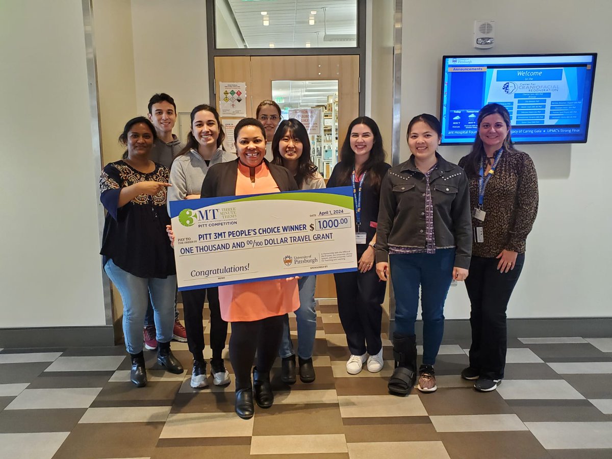 PittDental's tweet image. Congratulations, Nadine Robert, PhD candidate in the School of Dental Medicine Department of Oral and Craniofacial Sciences, on winning the People's Choice Prize at the 2024 Pitt Three Minute Thesis Competition!  Thank you to the students and faculty who came to support Nadine!
