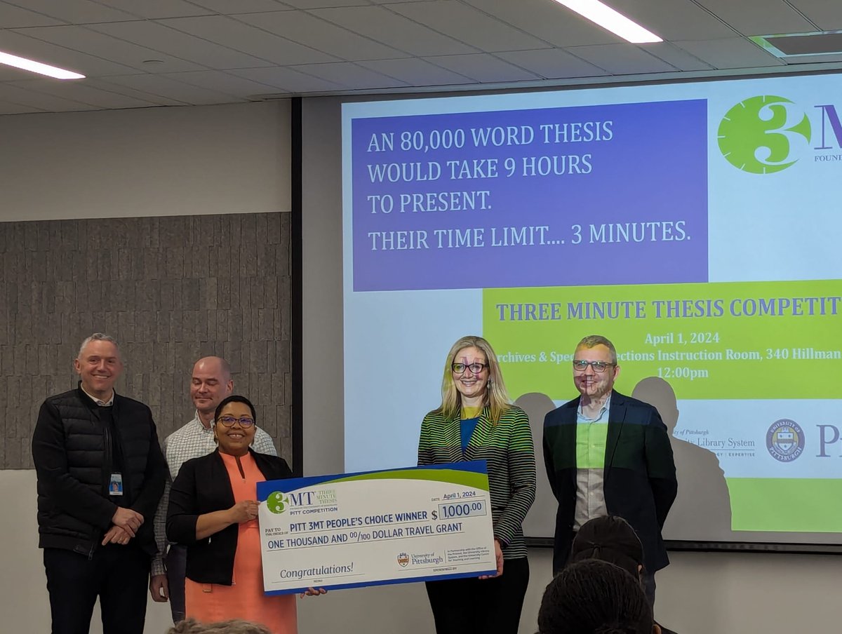 PittDental's tweet image. Congratulations, Nadine Robert, PhD candidate in the School of Dental Medicine Department of Oral and Craniofacial Sciences, on winning the People's Choice Prize at the 2024 Pitt Three Minute Thesis Competition!  Thank you to the students and faculty who came to support Nadine!