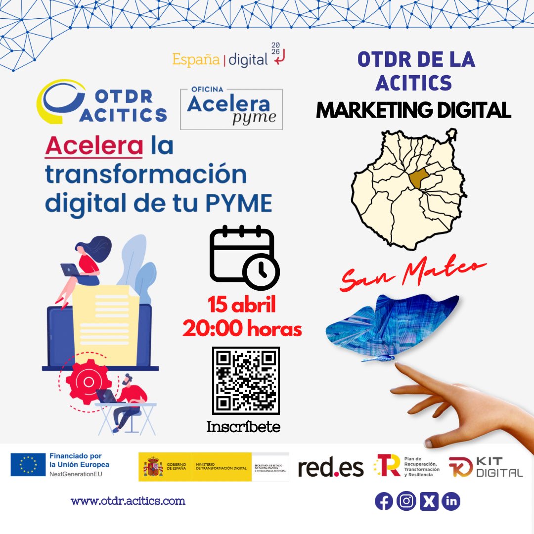 #otdracitics TRANSFORMACIÓN DIGITAL MUNICIPIO SAN MATEO 
15 abril 20:00 h MARKETING DIGITAL 
+info acortar.link/xD9iNL
@Acelerapyme  @redpuntoes 
#OficinasAcelerapyme #FEDER
#PlandeDigitalizaciondePymes #Acelerapyme
#NextGenerationEU #EspañaDigital2026