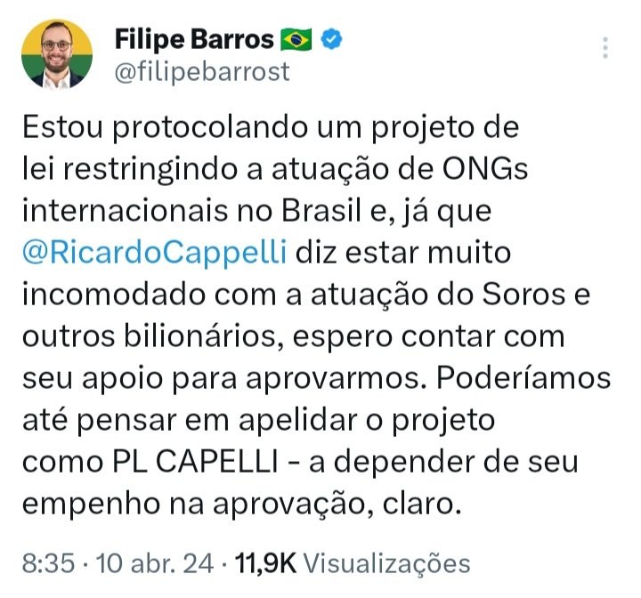 Obrigado pela deferência deputado <a href="/filipebarrost/">Filipe Barros</a> . Não tenho bilionário estrangeiro de estimação. Defendo o Brasil. Se a restrição a Elon Musk estiver incluída no projeto, será um prazer.