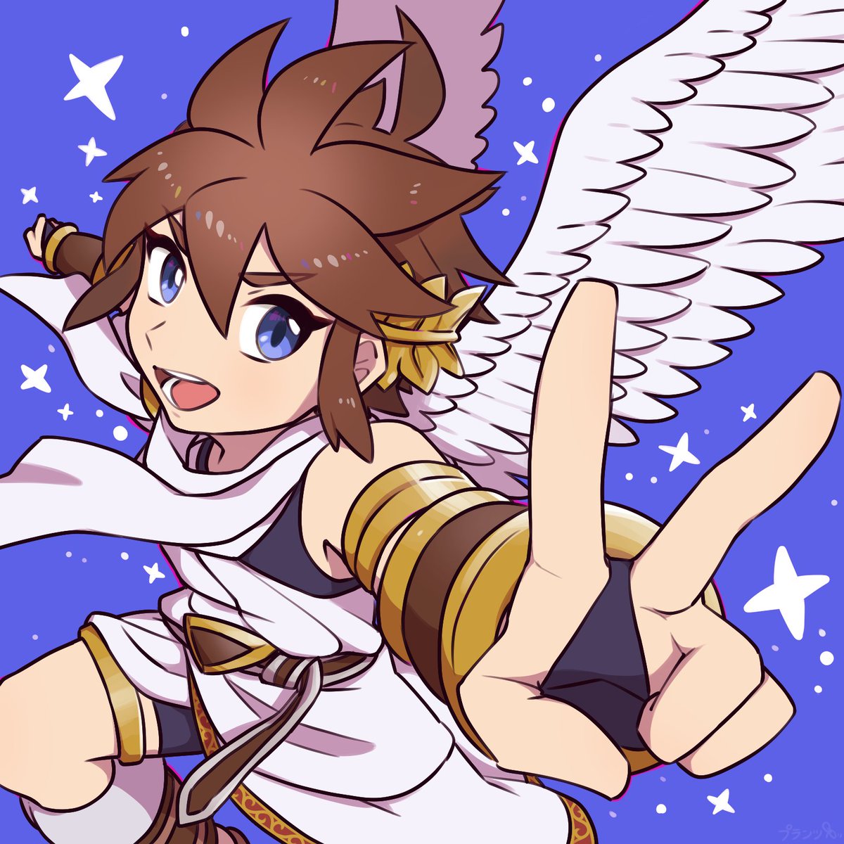 pit (kid icarus) solo looking at viewer smile open mouth blue eyes brown hair 1boy  illustration images