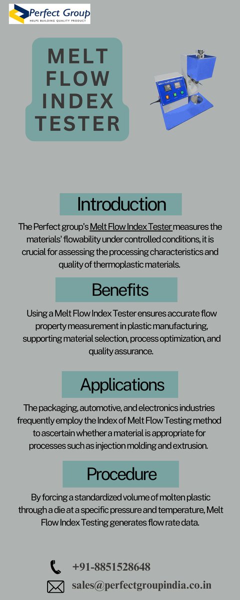 perfectgroup12's tweet image. Melt Flow Index Tester
In the plastics industry, a melt flow index tester is a tool used to measure the flow characteristics of molten plastics under uniform conditions. 
Visit us: perfectgroupindia.co.in/melt-flow-inde…
#perfectgroupindia #industrial  #meltflowindextester