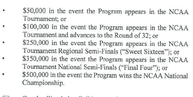 John Calipari's contract with Arkansas starts as 5-year deal with $7.5 million annual pay, including $500K annual retention payment. But deal automatically extends by 1 year each time team plays in NCAA tournament, and Calipari can get automatic pay increases as follows: