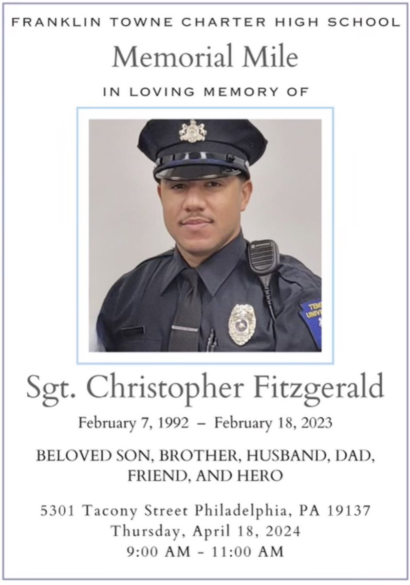 Please join TUPA members, Franklin Towne students, and the Philadelphia community as they walk/run to honor Sgt. Fitzgerald and his family. All are welcome to attend!