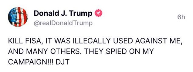 Like and Repost if you believe FISA warrantless searches should NOT be reauthorized by Congress.

GET A WARRANT. 
#FISA