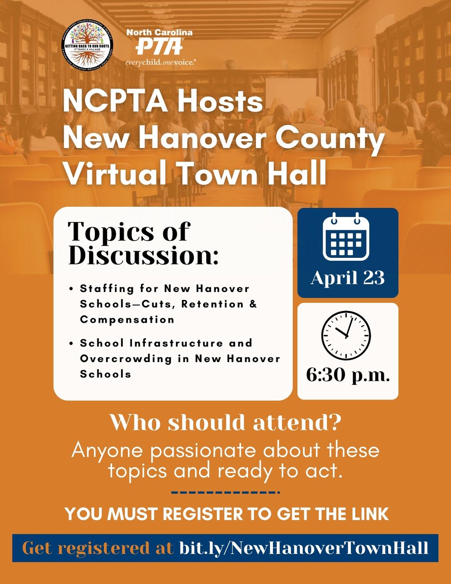 Join us on Tuesday, April 23rd at 6:30pm as we host New Hanover County's Virtual Town Hall! You must register to receive the invitation link. See the flyer below for more details! Register today at bit.ly/NewHanoverTown…