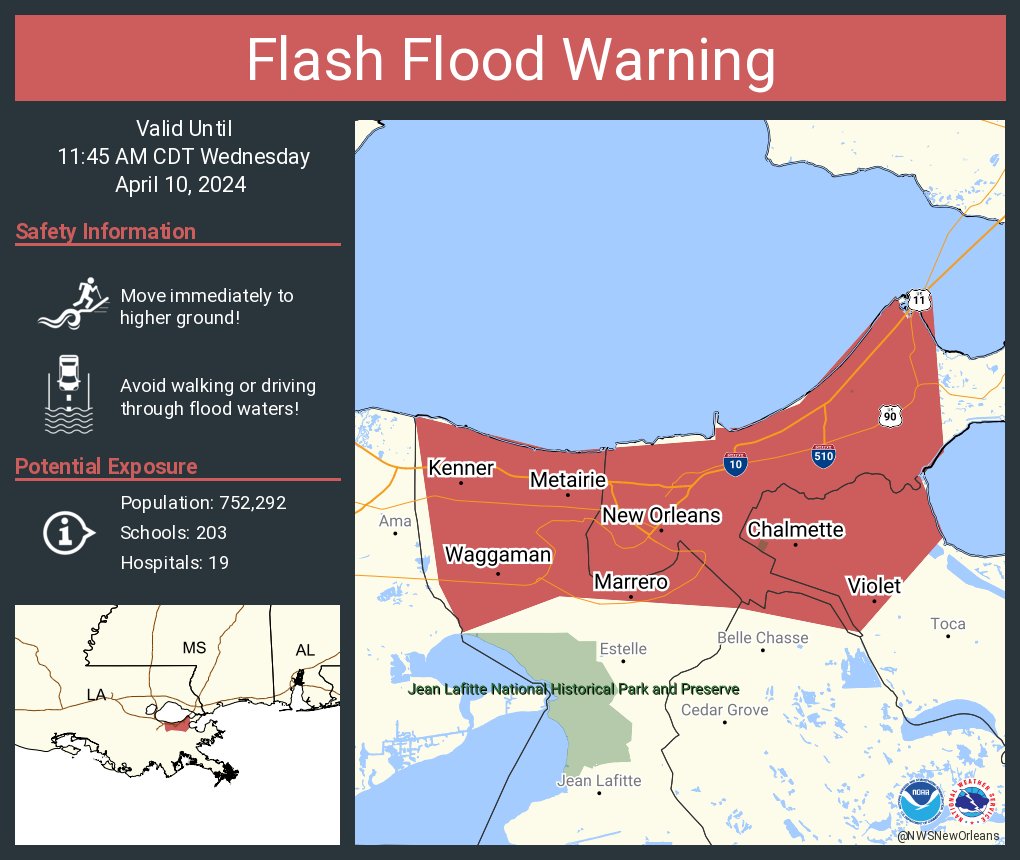 Flash Flood Warning continues for New Orleans LA, Metairie LA and Kenner LA until 11:45 AM CDT