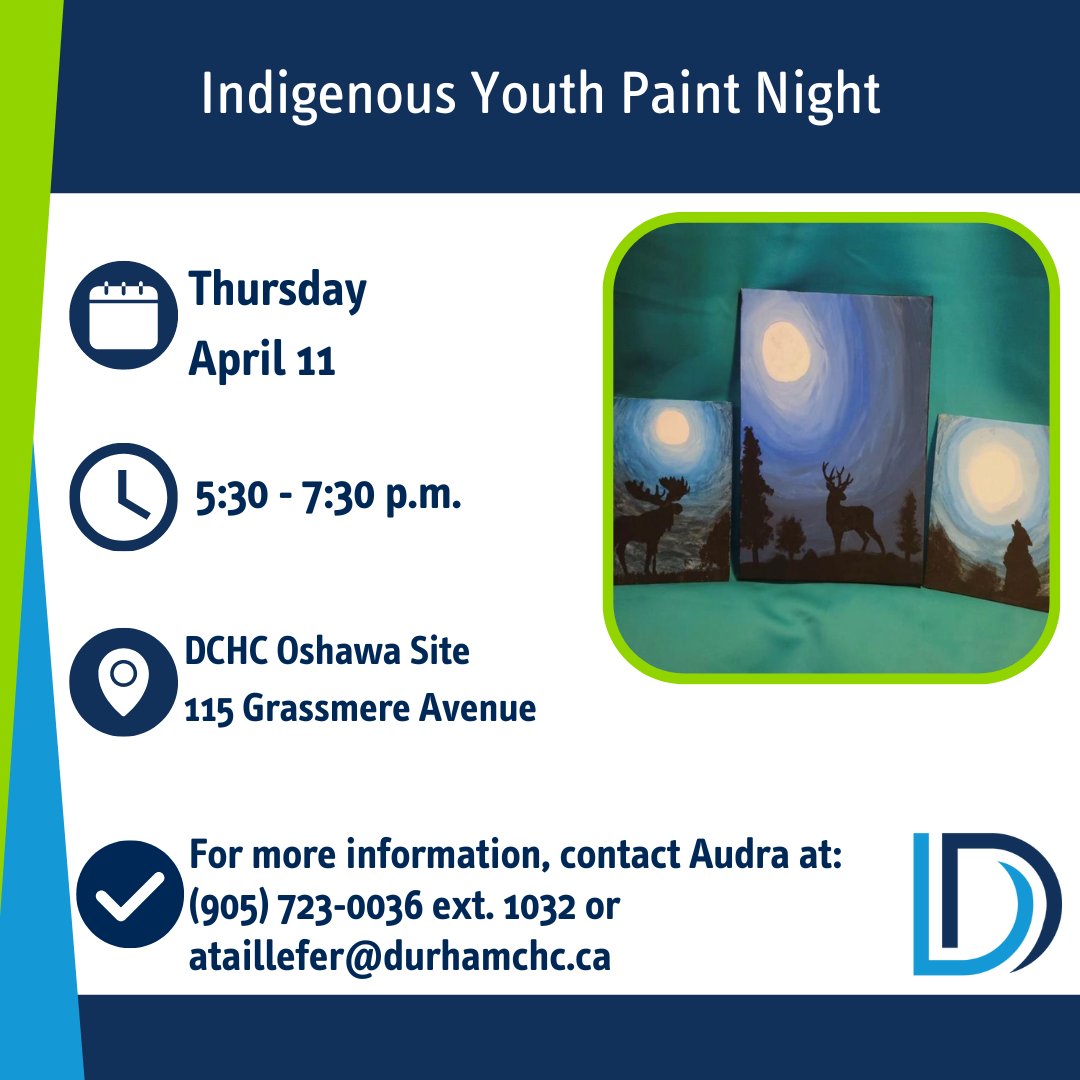 Come Paint with Us!

#IndigenousYouth ages 9-14 years old are invited to a paint night! The theme is 'moonlit animals' and is facilitated by 'Vicky the Real Artist.'

Come out and join the #Indigenous Team at #DCHC for a fun night of art & socializing!

#PaintNight #IndigenousArt