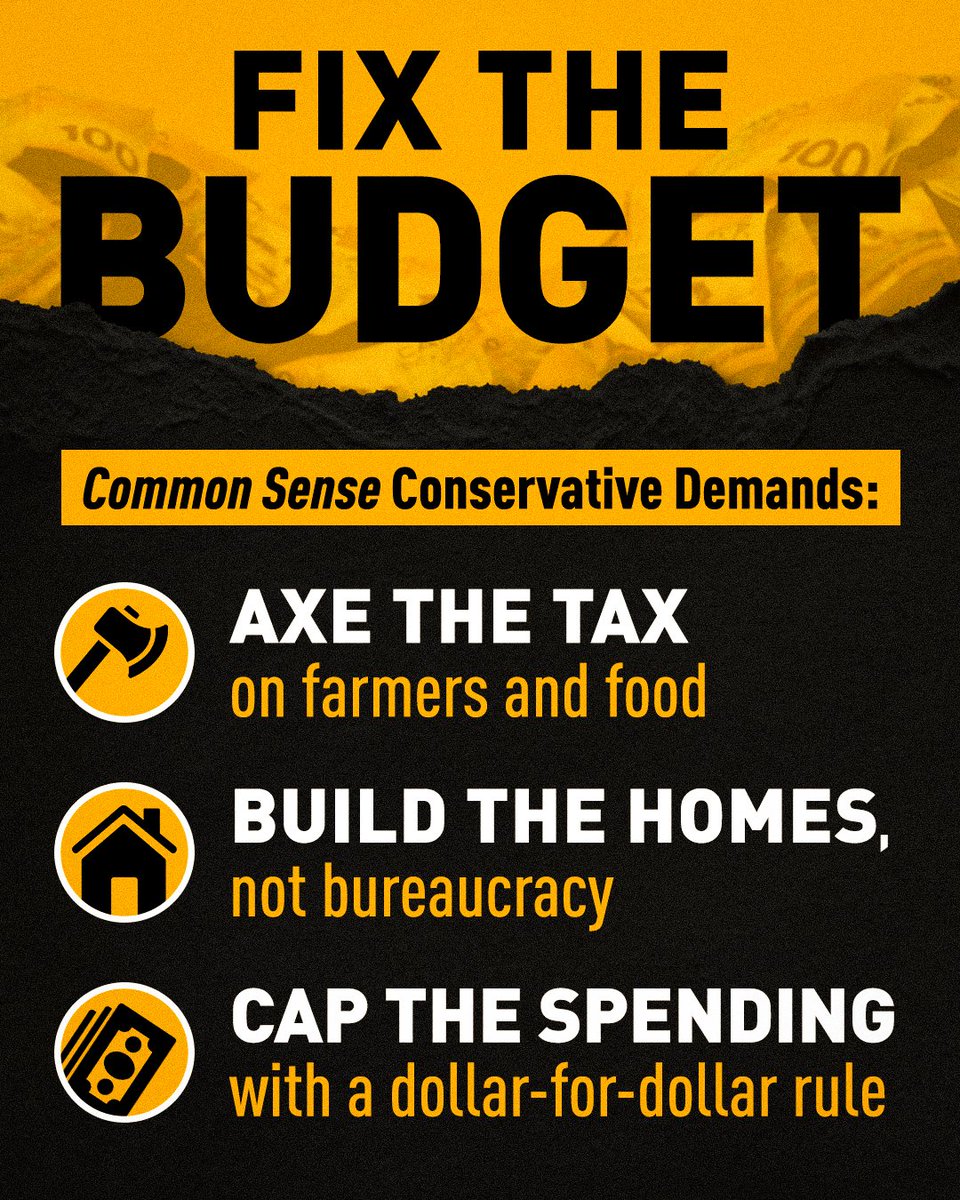 Conservatives will NOT be supporting the budget unless it: 🪓Axes Trudeau's tax on food and fuel 🏡Builds homes instead of bureaucracy 💰Caps inflationary spending Canadians can't afford more of their tax dollars going to waste. Remember, the budget doesn't balance itself!