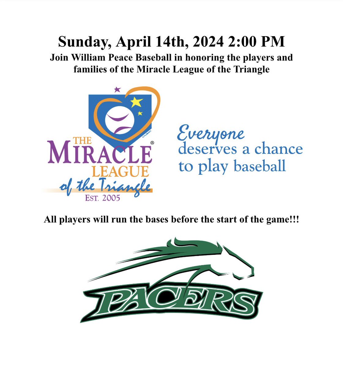 WPU Baseball (@gopeacebaseball) on Twitter photo Join us Sunday, April 14th, at the USA Baseball National Training Complex as we honor the players and families of the Miracle League! <a href="/MLoftheTriangle/">Miracle League Tri</a> Join us Sunday, April 14th, at the USA Baseball National Training Complex as we honor the players and families of the Miracle League! <a href="/MLoftheTriangle/">Miracle League Tri</a>