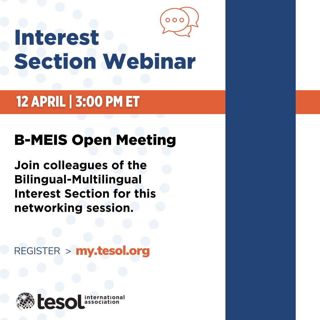 Join colleagues of the Bilingual-Multilingual Interest Section for this networking session on 12 April, 3:00 p.m. ET. Register here: bit.ly/3Jx78Al.