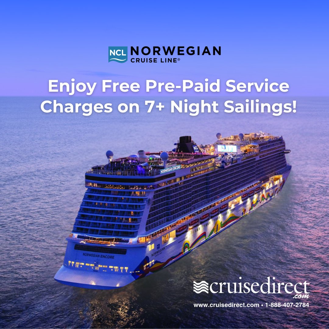 Enjoy the ultimate getaway with FREE prepaid service charges on balcony and above staterooms for 7+ night sailings!  🌊 Book now 👉 hubs.li/Q02spz7V0

#NorwegianCruise #SailAway #cruisepromo #travelagenct #traveladvisor #cruiseagency #CruiseDirect #CruiseDirectcom