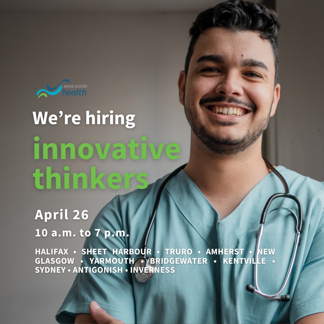 On Friday, April 26 from 10 a.m. - 7 p.m., talent can connect with hiring managers, learn how their skills and interests match Nova Scotia Health departments and share their resumes using a QR code at one of 11 locations in the province! Learn more: nshealth.ca/news-and-notic…