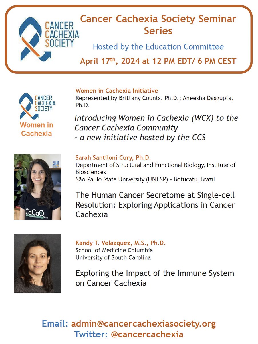 The Education Committee of the @CancerCachexia Society invites you to our 5th Trainee Talks series + Introduction of the “Women in Cachexia” Initiative on April 17th at 12 pm EDT! Seminars are open to everyone, please share! See cancercachexiasociety.org to REGISTER in advance.