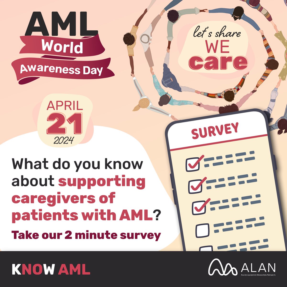 Are you aware of this year’s #AMLWorldAwarenessDay theme? We’re supporting caregivers of patients with #AcuteMyeloidLeukemia. Take our short survey! 

Survey: loom.ly/whPmzSc 

#KnowAML #leukemia #BloodCancer #cancer