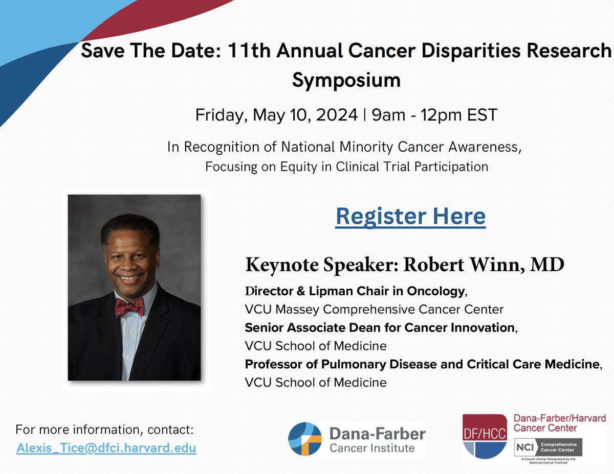 Join us 5/10 for the Annual Cancer Disparities Research Symposium! Hosted by Christopher Lathan, MD, MS, MPH, & Karen Burns White, it will focus on Equity in Clinical Trials Participation in recognition of National Minority Cancer Awareness. ms.spr.ly/6016cxYAY